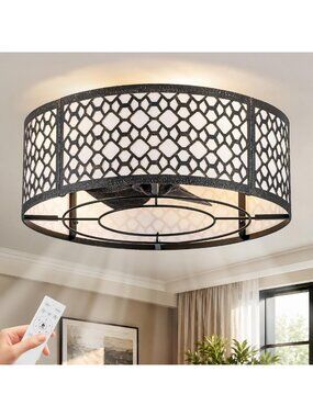 Black Low Profile Boho Caged Ceiling Fan with Light & Remote Control